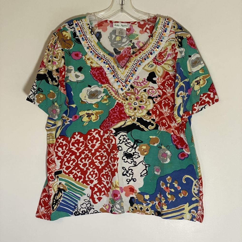 Ulla Popken Top‎ Womens 12/14 Multicolor Floral Beaded Sequin V Neck Tee Shirt